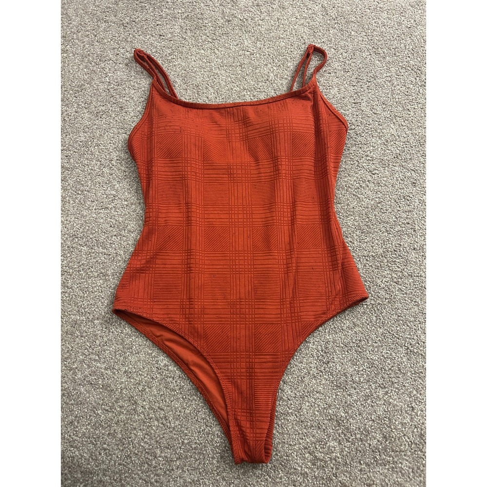 Aerie One Piece Swimsuit Womens Medium Orange Good Textured Cheeky Plaid Grid